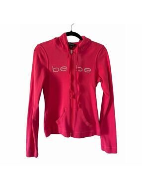 bebe Pink Rhinestone Logo Full Zip Hoodie Jacket Womens Size M Y2K Vintage